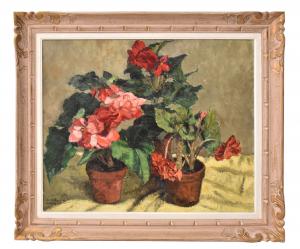 ANTIQUE PAINTINGS, STILL LIFE WITH FLOWERS, GERANIUMS AND BEGONIAS, OIL ON CANVAS, 20TH CENTURY. (QF737)
